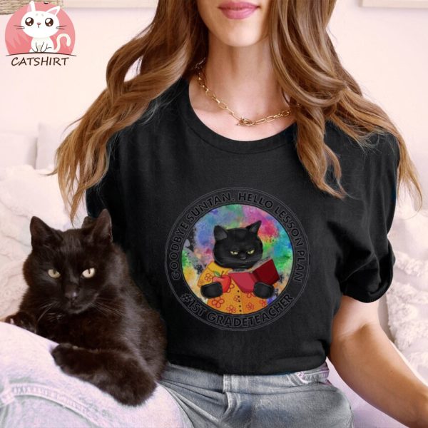 Funny Back To School – Black Cat Goodbye Suntan Hello Lesson Plan 1st Grade Teacher Shirt