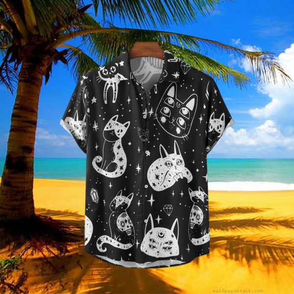 Black Cartoon Cat Print Halloween Hawaiian Shirt