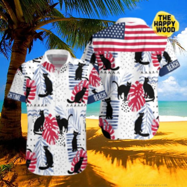 Black Cat Beach Time Hawaiian Hawaii Shirt
