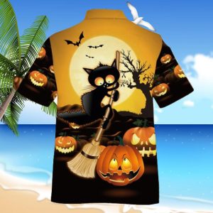 Black Cat Broom Sweep Halloween Hawaiian Shirt