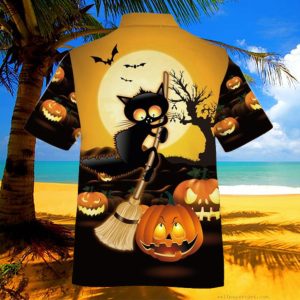 Black Cat Broom Sweep Halloween Hawaiian Shirt