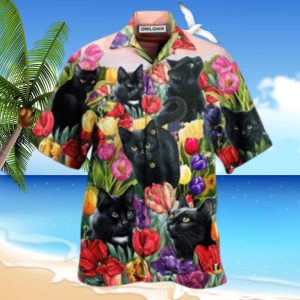 Black Cat Love Flowers Colorfull Hawaiian Shirt