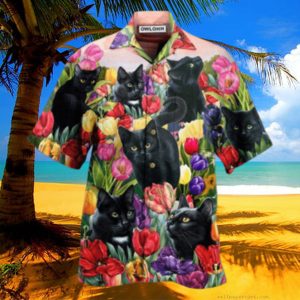 Black Cat Love Flowers Colorfull Hawaiian Shirt