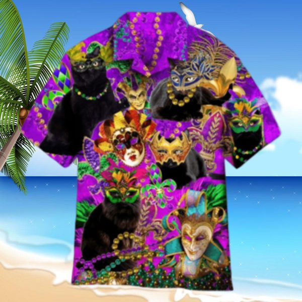 Black Cat Mardi Gras Aloha Hawaiian Shirt