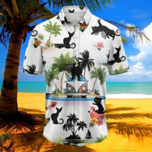 Black Cat On Summer Beach Palm Tree Aloha Hawaiian Shirt