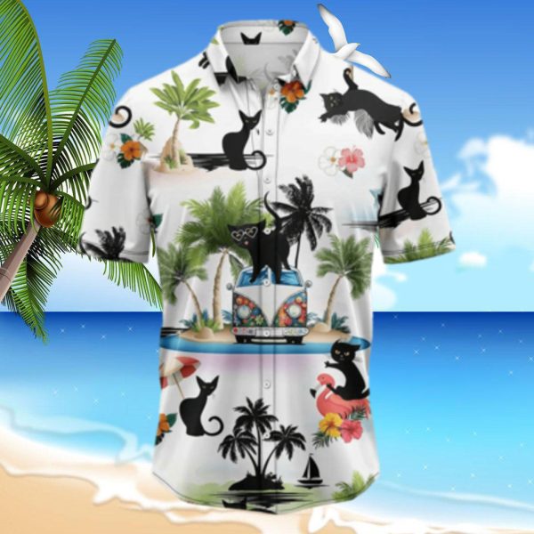 Black Cat On Summer Beach Palm Tree Aloha Hawaiian Shirt