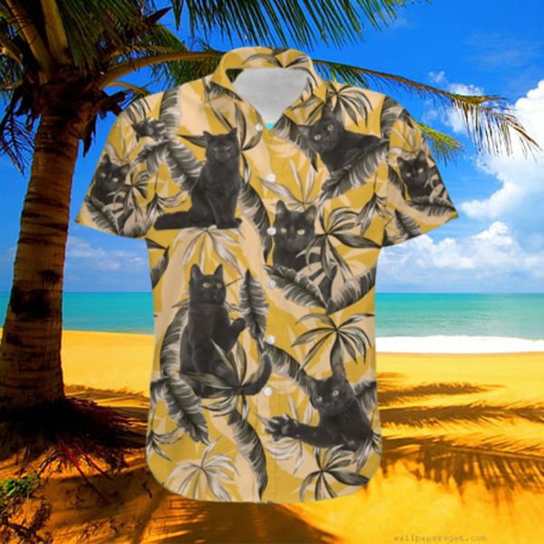 Black Cat Retro Vintage Style Men Custom Name Hawaiian Shirt