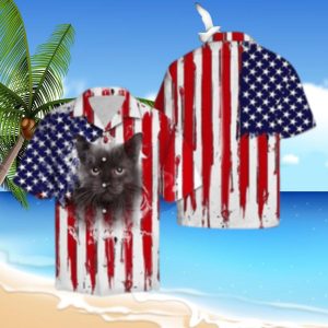 Black Cat Us Flag Hawaiian Shirt