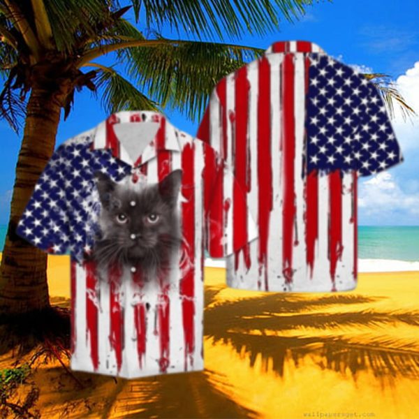 Black Cat Us Flag Hawaiian Shirt