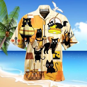 Black Cat Yellow Dinner Style Hawaiian Shirt