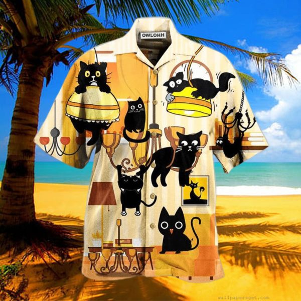 Black Cat Yellow Dinner Style Hawaiian Shirt