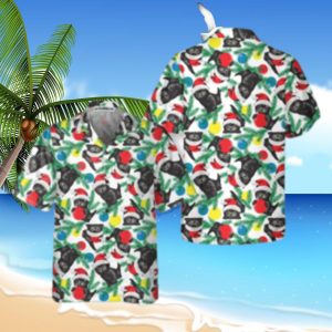 Black Kitten Wearing Santa Hat Hawaiian Shirt, Funny Christmas Cat Shirt