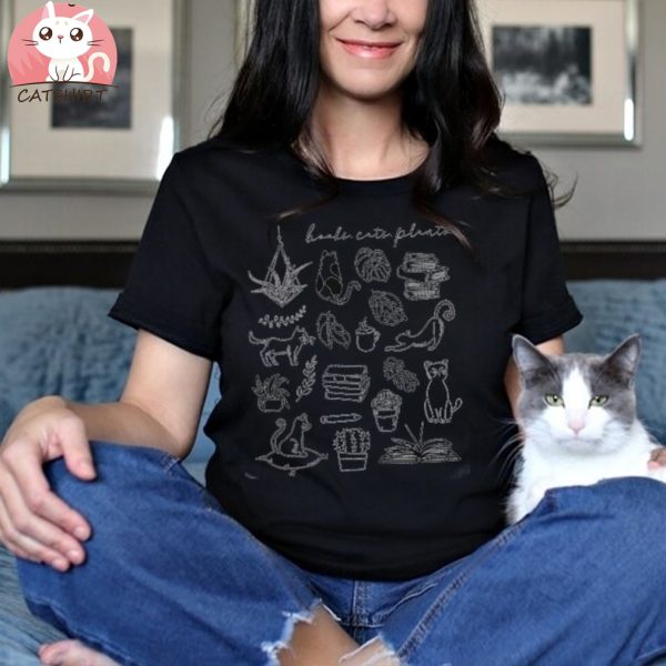 Books, Cats, Plants Shirt, Cat Lovers T shirt