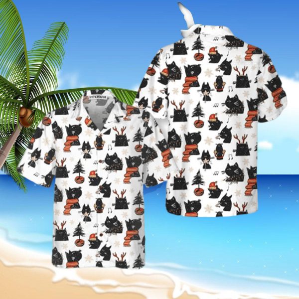 Cartoon Black Cat Merry Christmas Hawaiian Shirt, Funny Christmas Cat Shirt