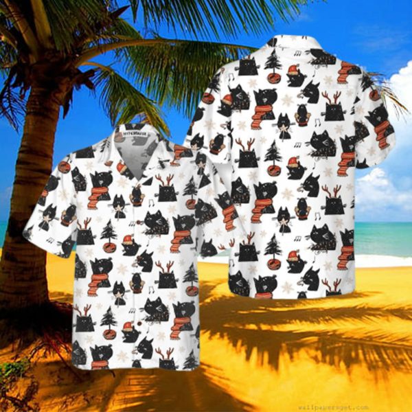 Cartoon Black Cat Merry Christmas Hawaiian Shirt, Funny Christmas Cat Shirt