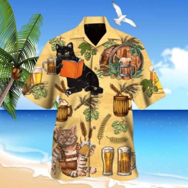 Cat Beer Summer Aloha Button Down Short Hawaii Shirt