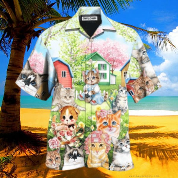 Cat Flowers And Lovely House Art Hawaiian Shirt