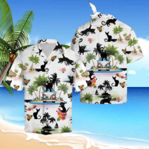 Cat Hawaiian Shirt Black Cat On Summer Beach Aloha Hawaiian Shirt