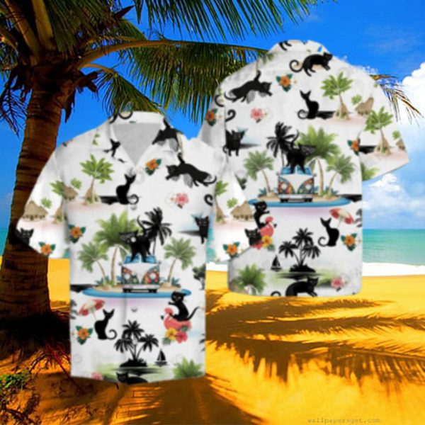 Cat Hawaiian Shirt Black Cat On Summer Beach Aloha Hawaiian Shirt