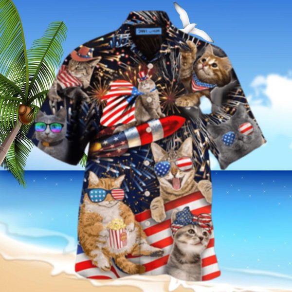 Cat Independence Day Happy Firework Hawaiian Shirt