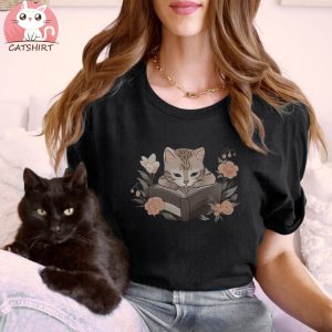 Cat Lover Tee, Books and Cats Shirt, Cute Book Cat Shirt, Cat Mom Shirt, Floral Book Shirt, Reading T Shirt