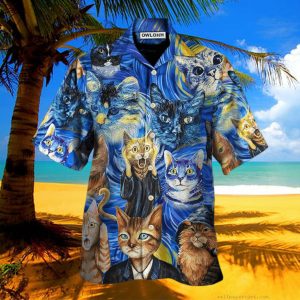 Cat Starry Night Funny Cat Painting Art Style Hawaiian Shirt