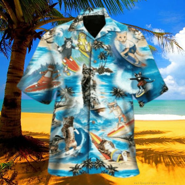 Cat Summer Aloha Button Down Short Hawaii Shirt