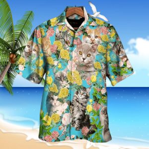 Cat With Flowers Hawaiian Shirt, Cat Lovers Gift, Summer Vibe Hawaiian Shirt