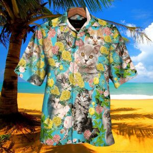 Cat With Flowers Hawaiian Shirt, Cat Lovers Gift, Summer Vibe Hawaiian Shirt