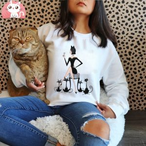 Cat Young Woman Check Her Makeup With Black Cat Shirt
