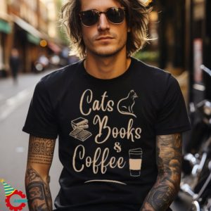 Cats Books & Coffee Graphics Tee Funny Saying T Shirt Cute Cat TShirt Gift for Cat Lovers, Book Lovers, Coffee Lovers Fall Shirt