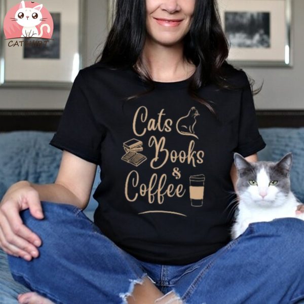 Cats Books & Coffee Graphics Tee Funny Saying T Shirt Cute Cat TShirt Gift for Cat Lovers, Book Lovers, Coffee Lovers Fall Shirt