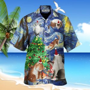 Christmas Cat Playing In Starry Night Hawaiian Shirt