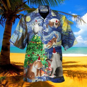 Christmas Cat Playing In Starry Night Hawaiian Shirt