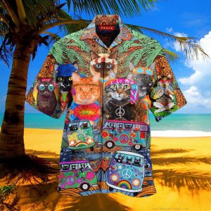 Colorful Hippie Van And Cat Hawaiian Shirts