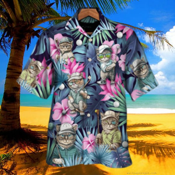 Cool Cat Playing Golf Kiss My Putt Tropical – Funny Hawaiian Shirts