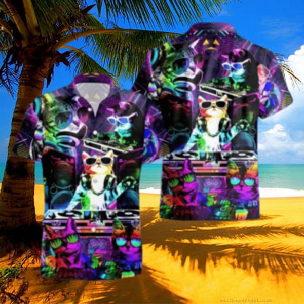 Cool Neon DJ Kitty Cat Rainbow Party Cute Music Festival Hawaiian Shirt