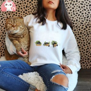 Cute Black Cat And Plants Embroidered Crewneck,Cat Embroidered Shirt