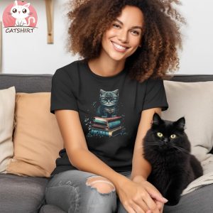 Cute Cat Sitting On Books Librarian Book Nerd Book Lover T Shirt, Cute Book Cat Shirt, Books Shirt, Cute Cat Shirt