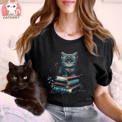 Cute Cat Sitting On Books Librarian Book Nerd Book Lover T Shirt, Cute Book Cat Shirt, Books Shirt, Cute Cat Shirt