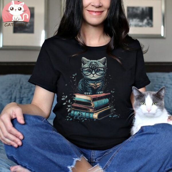 Cute Cat Sitting On Books Librarian Book Nerd Book Lover T Shirt, Cute Book Cat Shirt, Books Shirt, Cute Cat Shirt