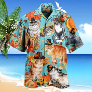 Cute Cats Happy Thanksgiving Unisex Hawaiian Shirt