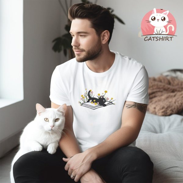 Cute Lying On The Book Cat Embroidered shirt