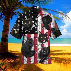 Unisex USA Flag Cat Independence Day Funny Hawaiian Shirt