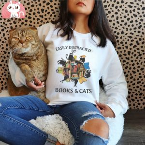 Easily Distracted By Cats And Books Shirt, Book Lover T Shirt, Gift For Librarian, Cat Lover Shirt, Book Nerd T Shirt