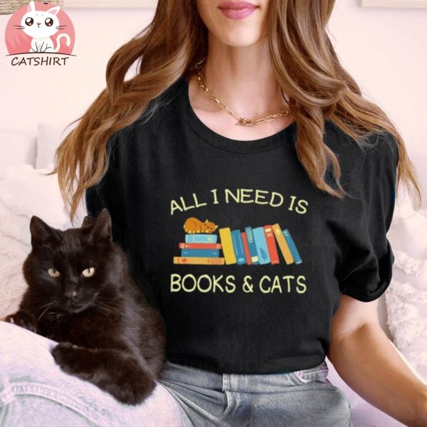 Gift for Book Lover Shirt for Cat Owner Gifts for Cat Lovers Tee for Bookworm T Shirt for Librarian Books and Cats Funny Book Cat Shirt