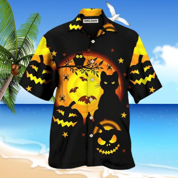 Halloween Awesome Black Cat And Pumpkin Hawaiian Shirt