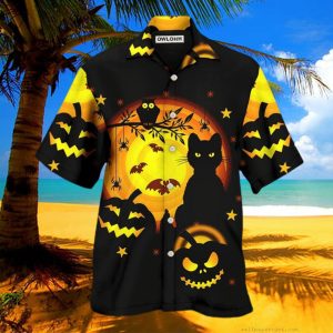 Halloween Awesome Black Cat And Pumpkin Hawaiian Shirt