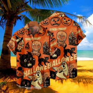 Halloween Pumpkin Cat Shirt Men Short Sleeve Lapel Hawaiian Button Down Hawaii Shirts