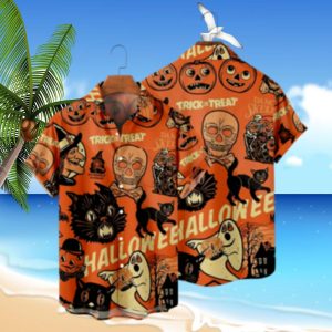 Halloween Pumpkin Cat Shirt Men Short Sleeve Lapel Hawaiian Button Down Hawaii Shirts
